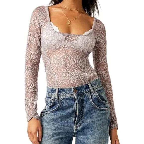 Free People Women In My Head Sheer Lace Square Neck Bodysuit Lavender Small - Picture 1 of 11